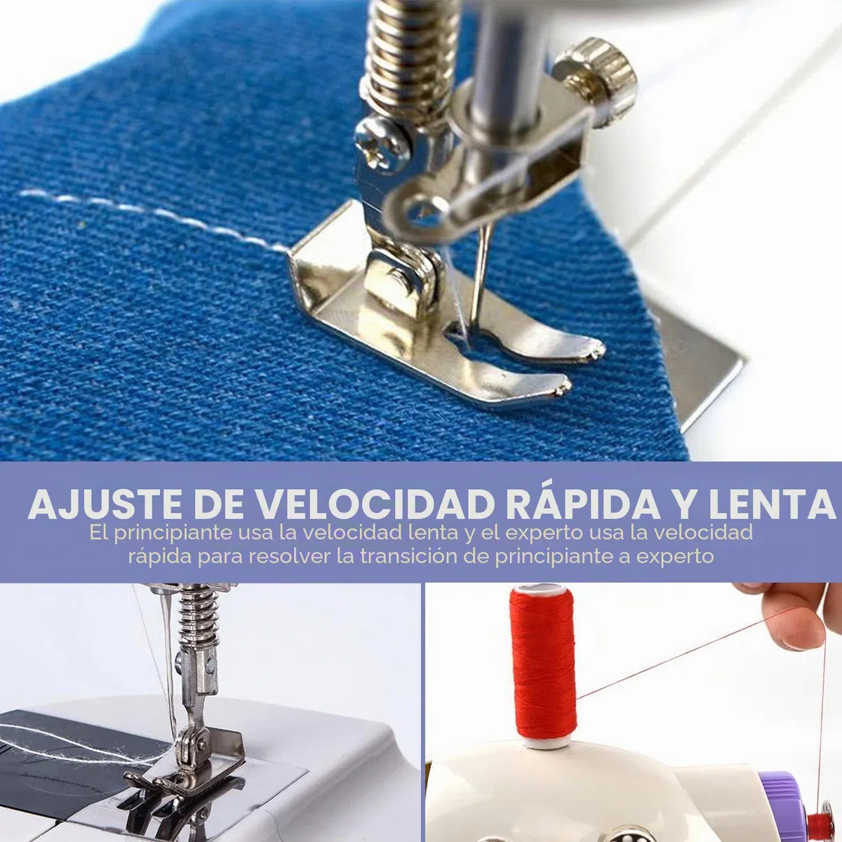 Máquina de coser doméstica 202A, mini máquina de coser de doble hilo con 2 velocidades y pedal de pie, UE 220 V (morado)