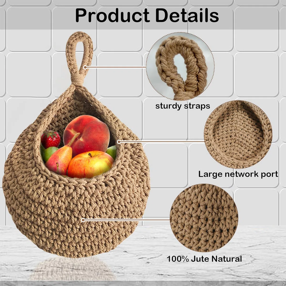 Cesta de frutas colgante trenzada, cesta de frutas colgante de pared con ganchos, tejida a mano, almacenamiento de cocina, cesta de pared, cesta de frutas, cesta de mimbre(S+M+L)