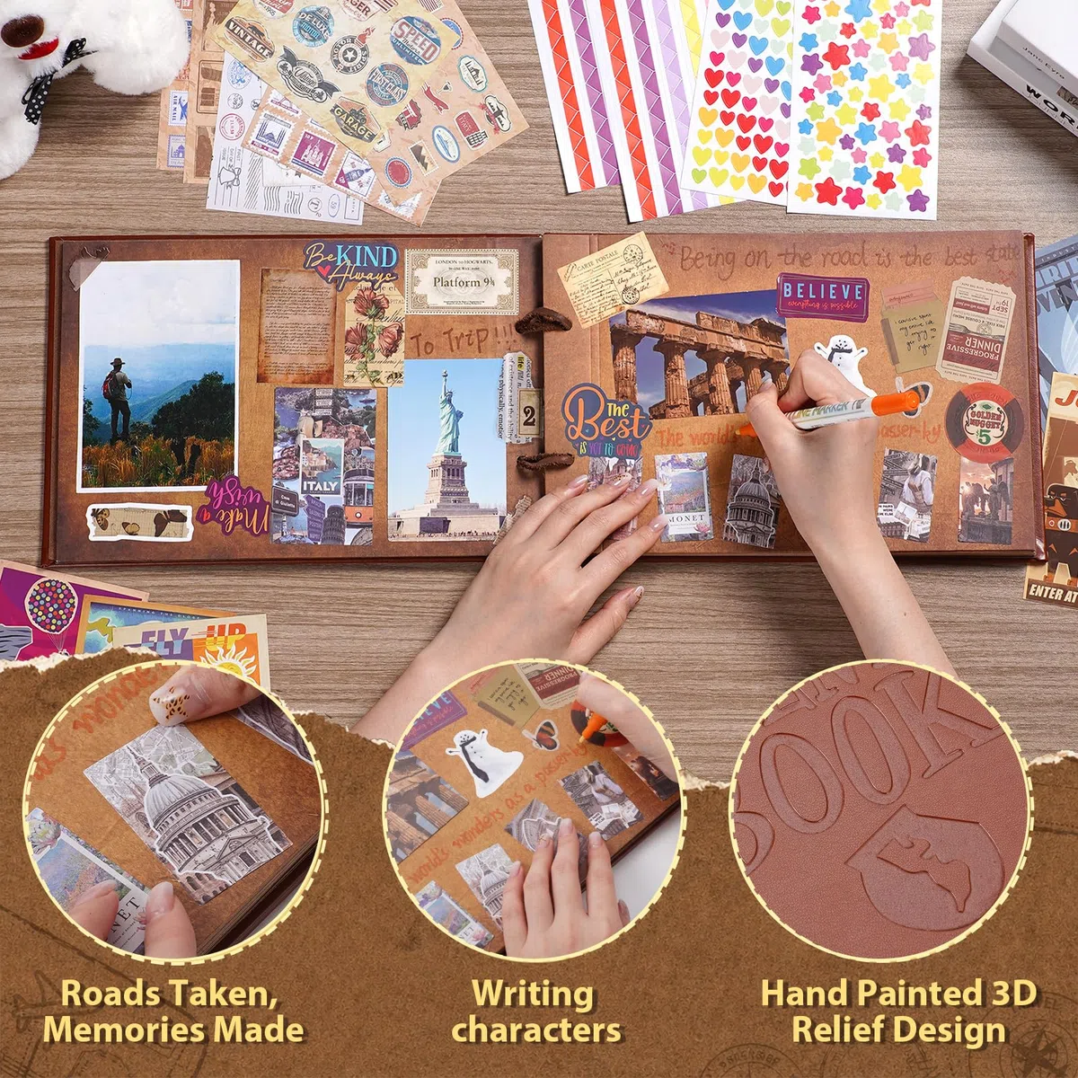 Our Adventure Book scrapbooking, 30 x 19 cm 80 páginas album fotos para pegar y escribir, libro de recortes de viajes de cuero con texto en relieve 3d, para aniversarios, navidad, regalos del día de l