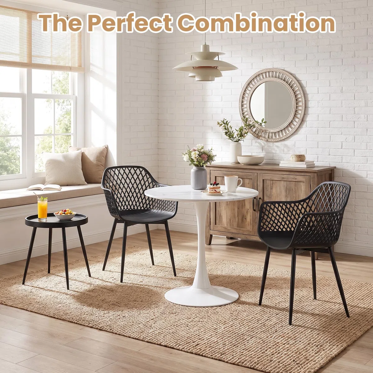 Mesa de restaurante con 2 sillas, pequeña mesa de comedor con 2 sillas | Juego de mesa y sillas para comedor, 2 sillones negros + 1 mesa de café + 1 mesa de mármol - 80 cm