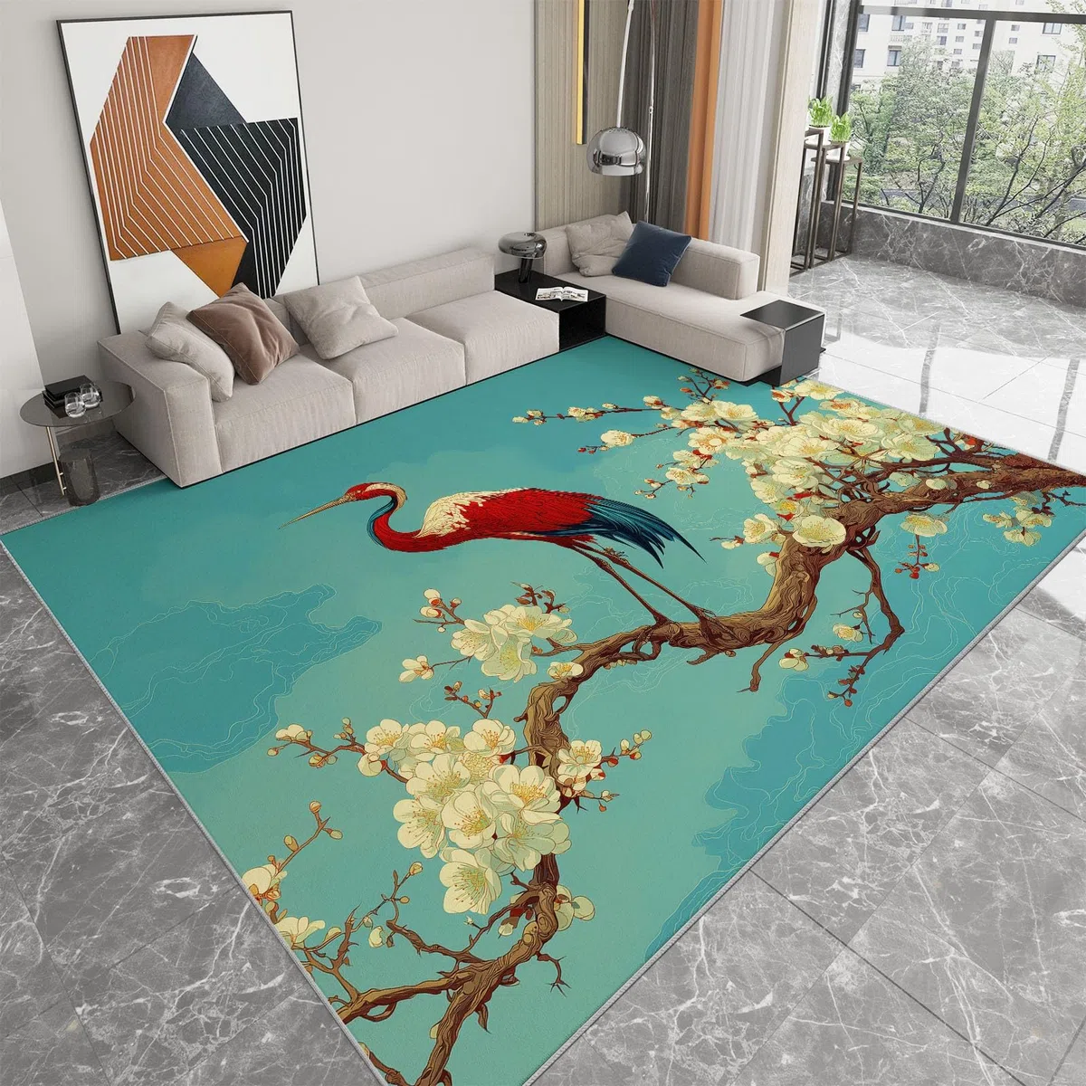 Alfombra antideslizante con diseño de pájaros voladores y flores de ciruelo, 160 x 230 cm, estilo chino, alfombra para dormitorio de niños y niñas, alfombra de suelo para sala de estar, dormitorio