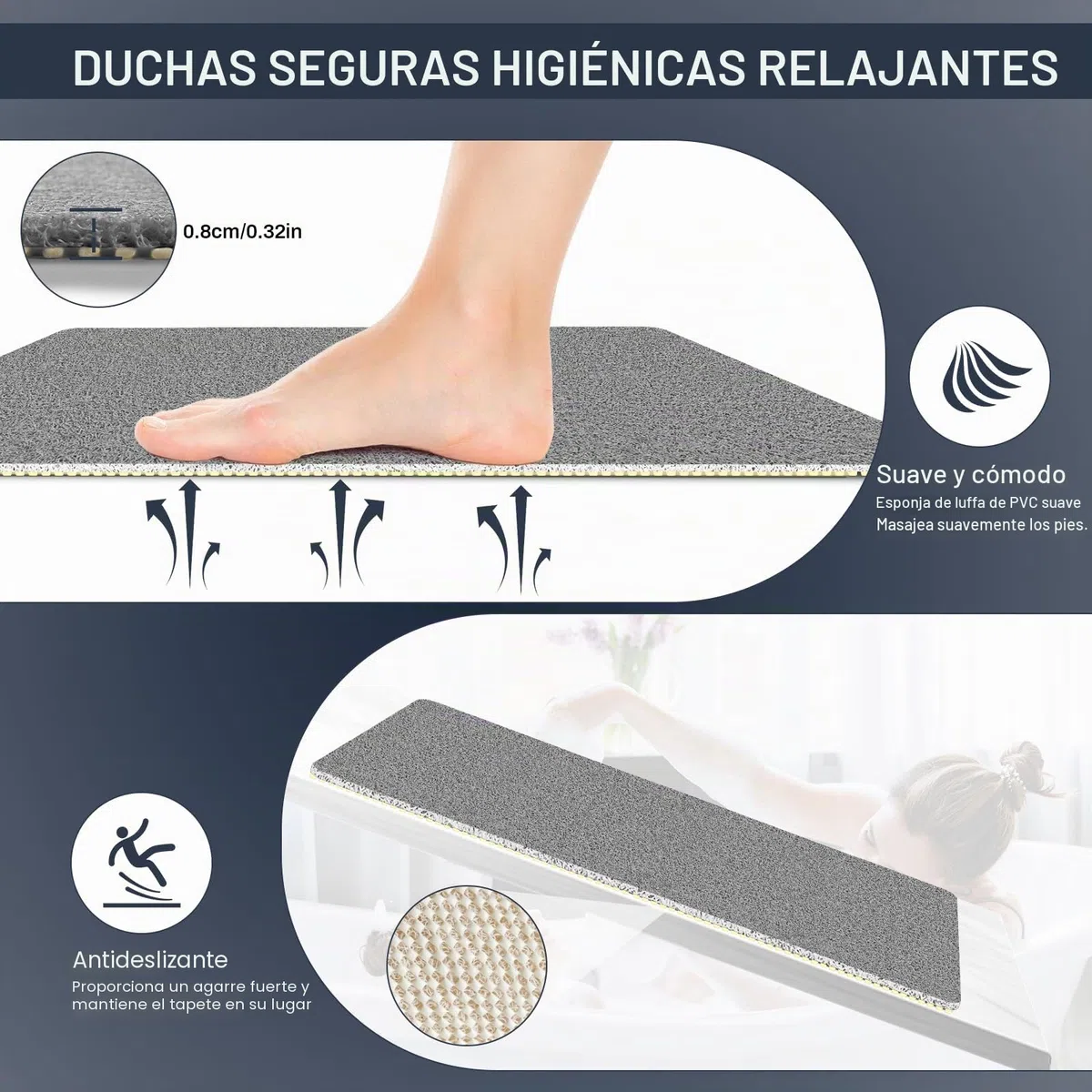 Alfombra de Baño Antideslizante 60x60cm Cuadrado, Alfombrilla de Ducha de PVC con Textura de Luffa, Alfombra Antideslizante para Ducha, Secado Rápido Gris