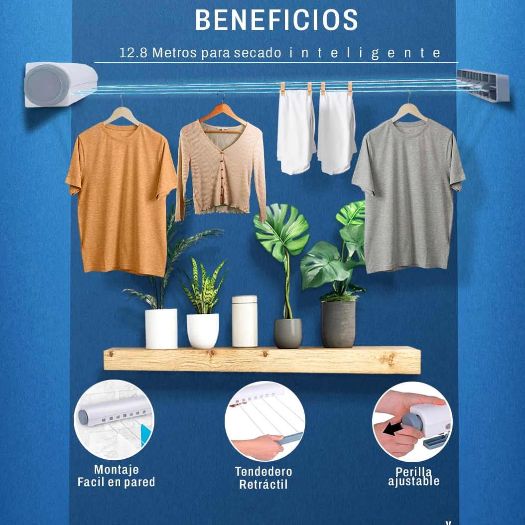 Pack Tendedero Extensible Pared con 4 Cuerdas de 3,2m Cada una,24 Pinzas y 20 m de Cuerda Extra Reforzado en Alambre de Acero 3mm, tendedero retractil, Cuerda tendedero Extensible, Incluye Tarjeta QR