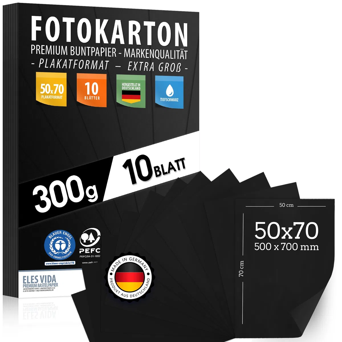 Cartón fotográfico negro 300g / m² - PAPEL PREMIUM Papel de dibujo - 50x70 cm - sin imprimir para manualidades, cartulina artesanal, papel escolar para jardín de infancia, cartón MADE IN GERMANY