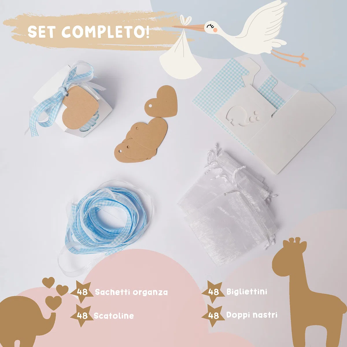 Stella Design Detalles Bautizo/Nacimiento, 48 Piezas Tarjetas y Bolsas, Elefante Niño/Niña, Cajas para Peladillas (Rosa)
