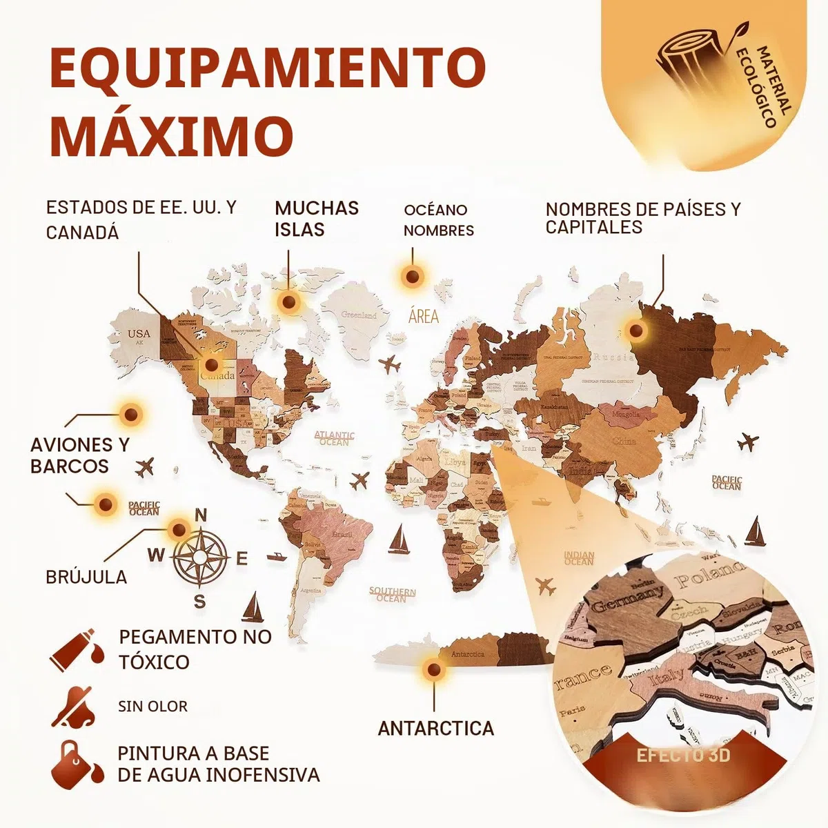 Mapamundi de Madera en Inglés - Decoración 3D sin Taladrar | Contrachapado de abedul multicapa, 324 pines con banderas, 120x62 cm, solo 1,6 kg, montaje adhesivo, cabe sobre el escritorio