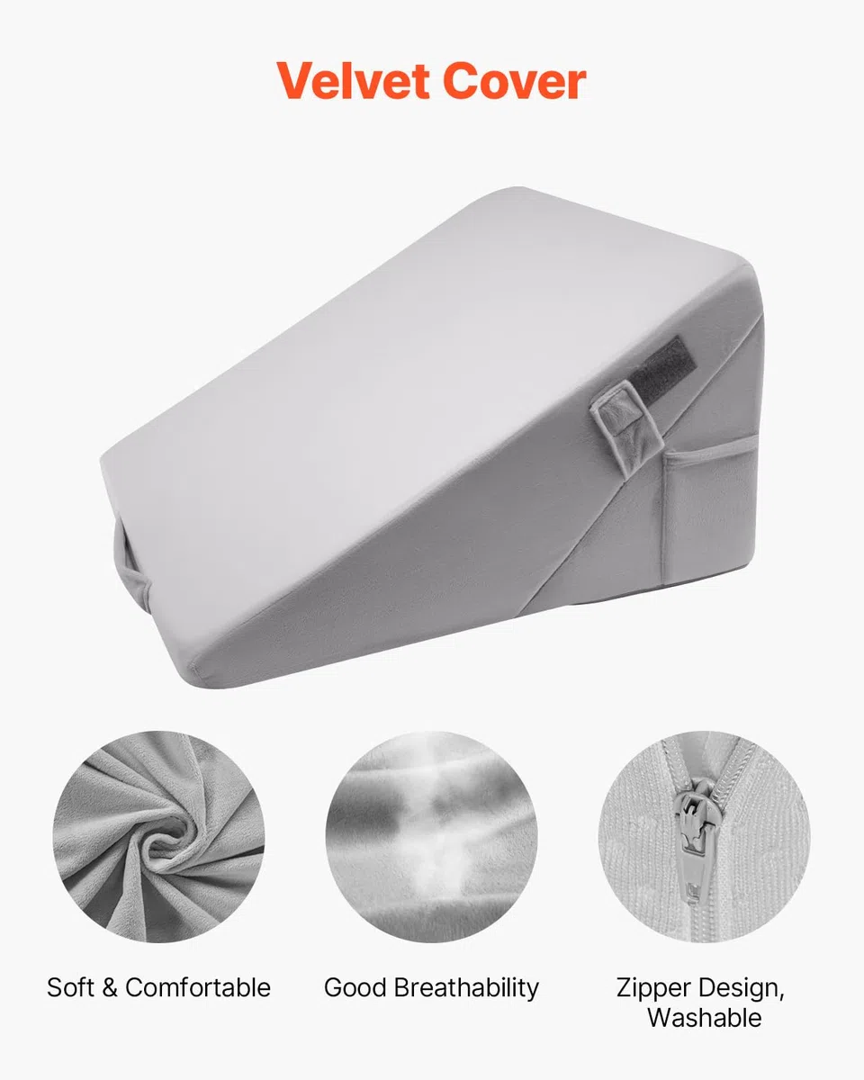 VEVOR Almohada de Cuña Ajustable, Ortopédica, Espuma de Alta Densidad 25D con Funda Suave y Lavable, Soporte Cómodo y Diseño Inclinado, Gris Claro, 56 x 56 x 30,5 cm para Leer, Televisión, Computadora