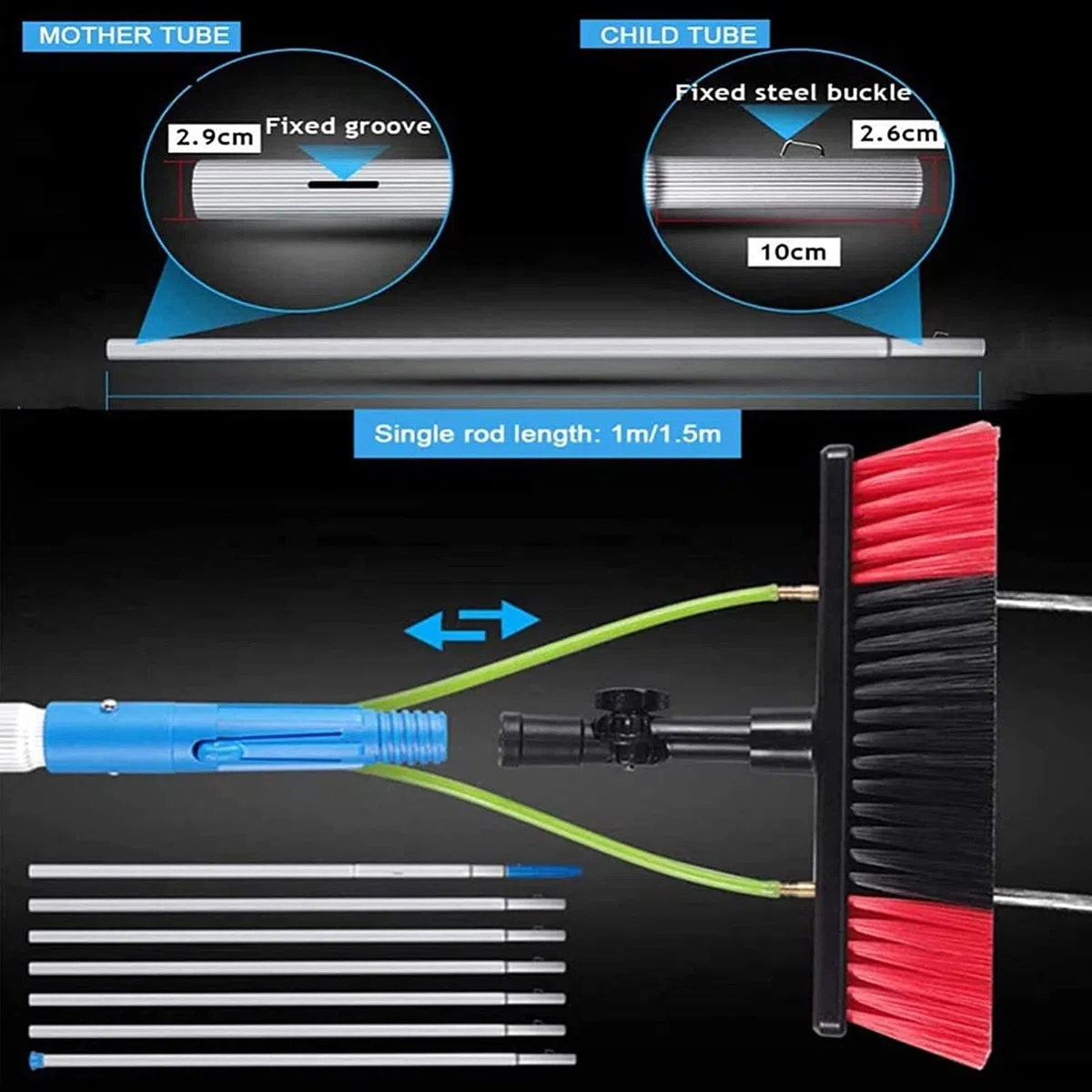 Kit de limpieza Teles de 9 m con cabezal de cepillo de 30 cm para paneles solares, herramienta para exteriores para un sistema de limpieza eficiente