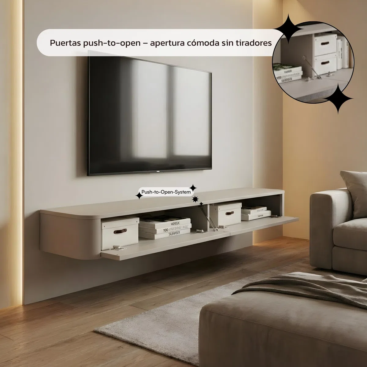 Selsey Mueble TV Suspendido Slim 140 cm Cashmere – Mueble de Salón Moderno para Televisión con Puertas Abatibles, Diseño Minimalista, Fabricado en Europa