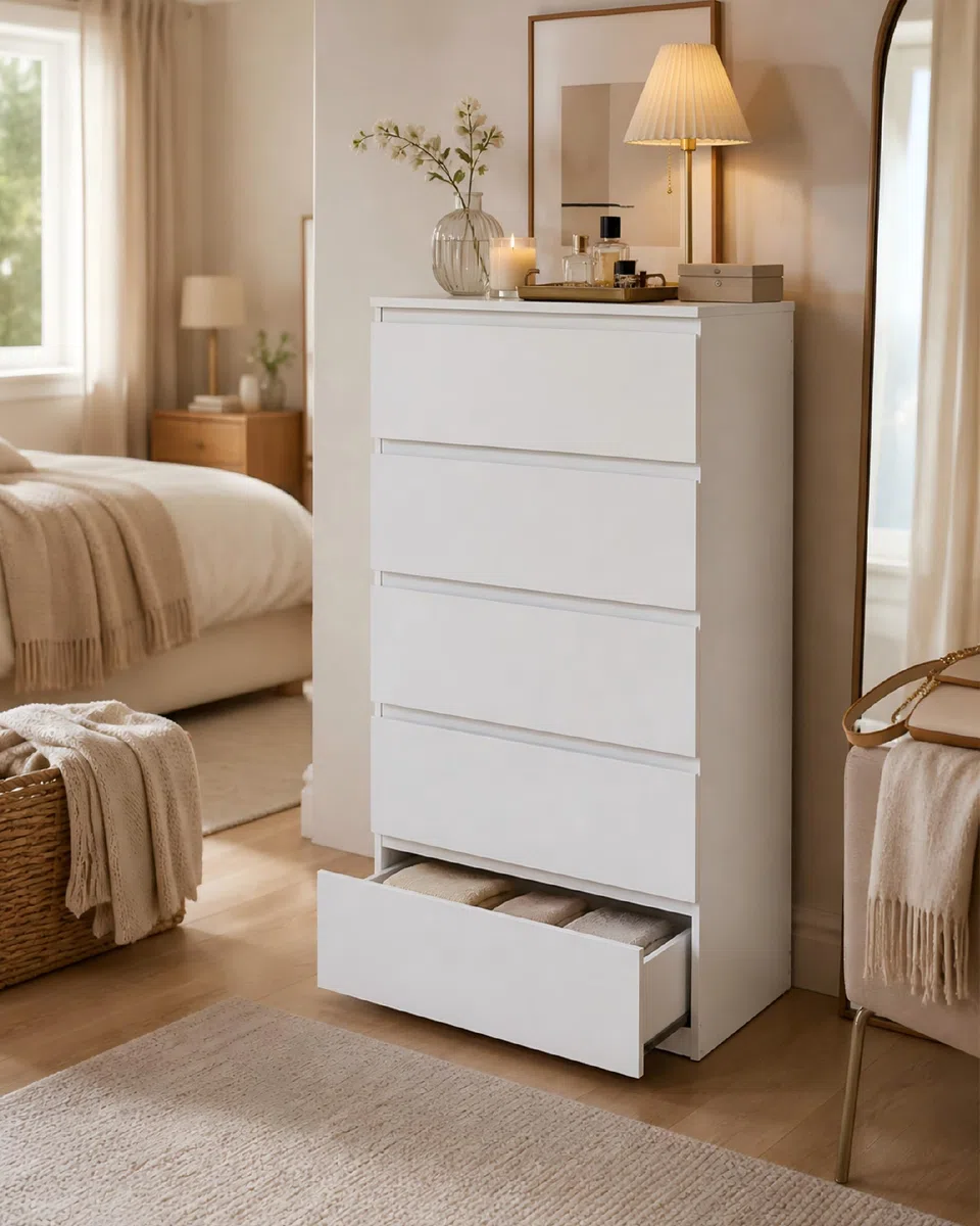 Cómoda Dormitorio 5 Cajones, Cajonera Blanca, Sinfonier Alto y Estrecho, Mueble Auxiliar para Dormitorio, Salón y Pasillo, 60 x 40 x 121 cm