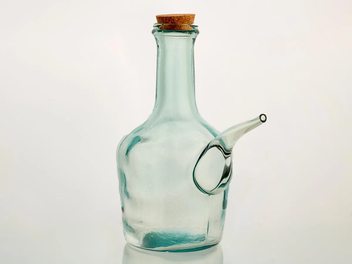 Porrón Barral de Vidrio 1 Litro – Fabricado en España – Cristal Artesanal con Tapón de Corcho – Diseño Robusto