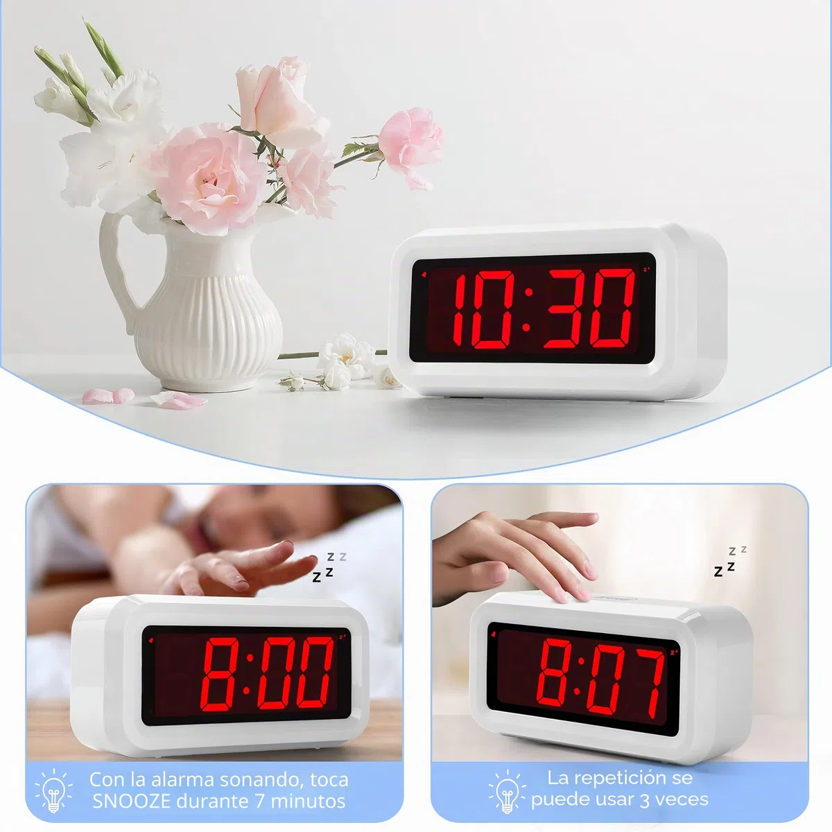 KWANWA Reloj Despertador LED Que Funciona con Pilas con números Rojos de 1.2 Pulgadas, repetición, Brillo Ajustable (Blanco)…