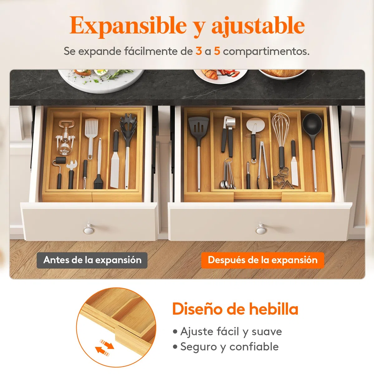 Lifewit Organizador Cajon de Utensilios Cocina, Bandeja para Cuchillos Extensible,Bambu Separador Set Cubiertos, Ajustables Divisores para Almacenaje Herramientas y Gadgets de Espátula, Grande Natural