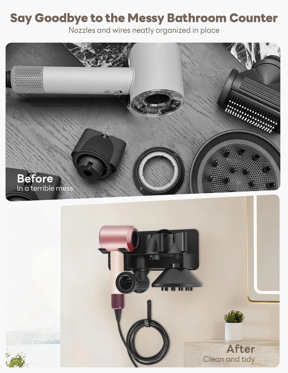 Soporte para Secador Sin Perforación, Soporte Secador de Pelo Compatible con Dyson Supersonic Nural, Soporte Secador de Metal, Acomodar 5 Boquillas