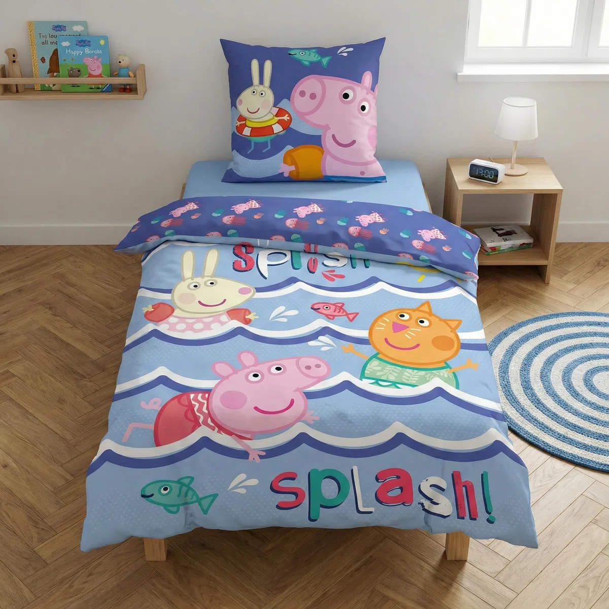 Peppa Pig Splish Splash Funda Nórdica Cama 90 140x200 + Funda Almohada | Ropa de cama reversible | Polialgodón secado rápido Oeko-Tex | Nickelodeon | Niños | Regalo | Lavable a máquina