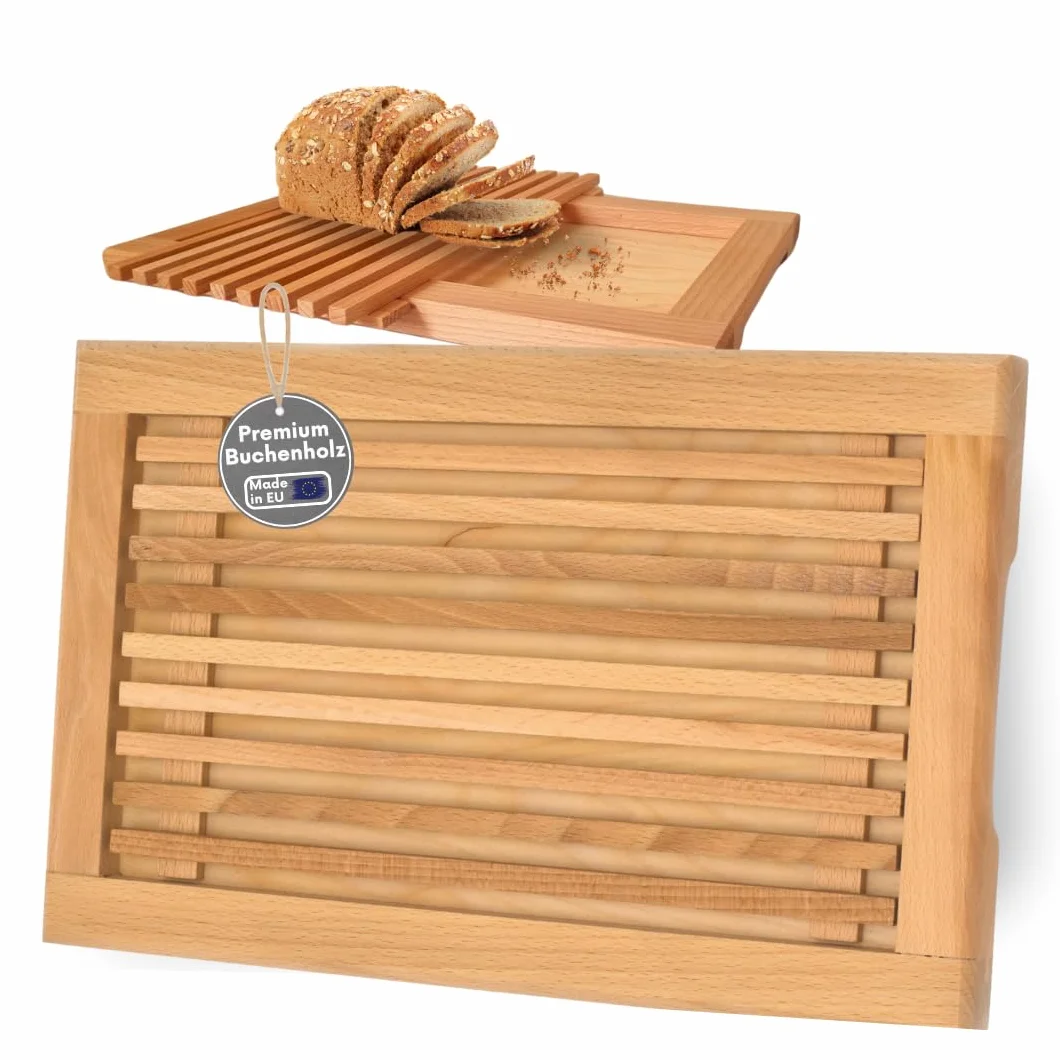 Tabla de cortar pan fabricada en la UE con rejilla para migas y asas de madera de haya aceitada, 40 x 25 cm, tabla de cortar pan, baguettes y panecillos, tabla de servir – aceitada y sostenible