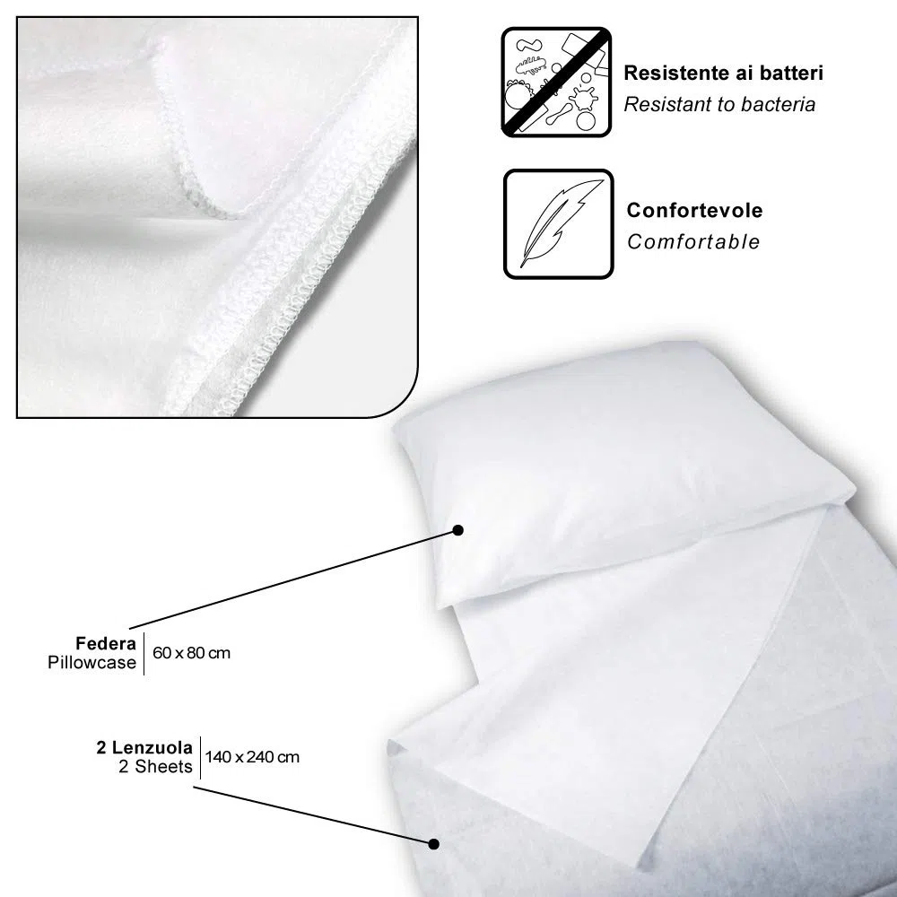 45 Kit Cama Individual Desechable En Tnt 2 Sábanas Cm 140 x 240 y 1 Funda De Almohada Cm 60 x 80
