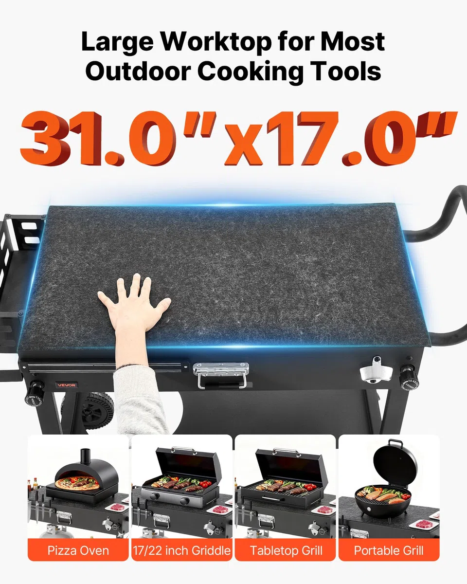 VEVOR Carro de Barbacoa Plegable 787 x 432 mm, Mesa de Barbacoa para Exteriores con Ruedas y Portapañuelos, Carrito con Soporte Magnético para Herramientas, Mesa Auxiliar para Jardín, Picnic, Cocina
