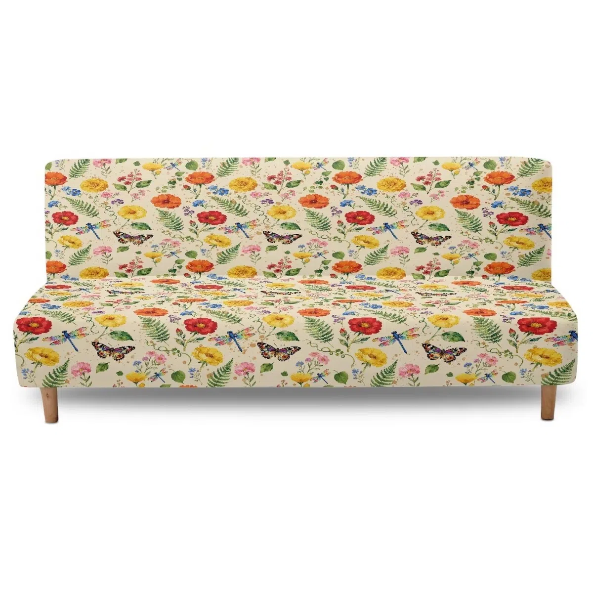 Xoenoiee Funda para futón, funda de sofá sin brazos, funda elástica para sofá, funda de sofá lavable, protector de muebles, mariposa y libélula floral