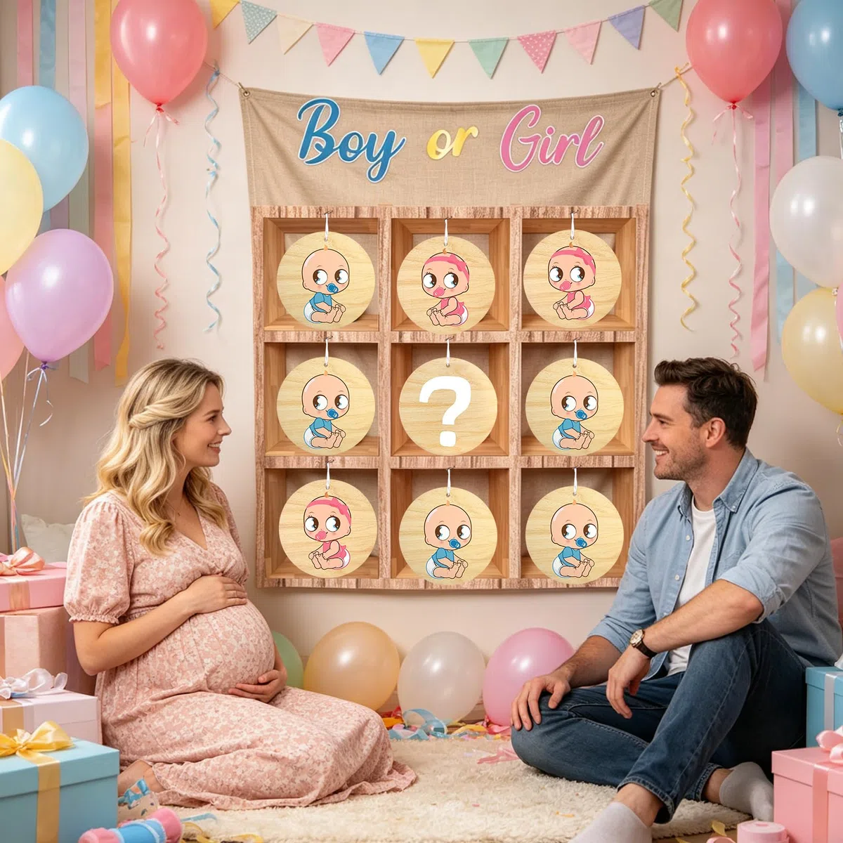 ANPUNAT Juego para Bebés, Juego de Tres en Raya para Revelar el Género del Bebé (Niño o Niña), Kits de Decoración para Baby Shower y Anuncios de Embarazo