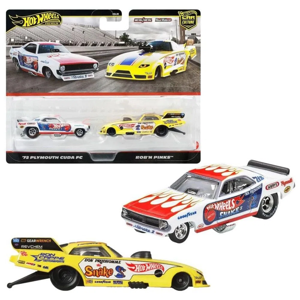 Hot Wheels JBL01 Premium - Juego de 2 Mini Coches 72 Plymouth Cuda FC/Rob N, Color Rosa