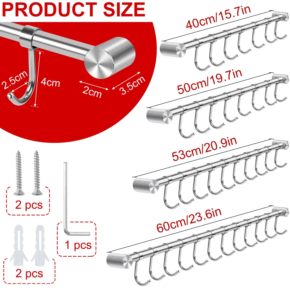 Barra de Gancho de Cocina de Acero Inoxidable, 53 cm Colgador Utensilios Cocina Barra con 10 Ganchos Móviles, Soporte Barra Colgante para sartenes, varilla portavasos