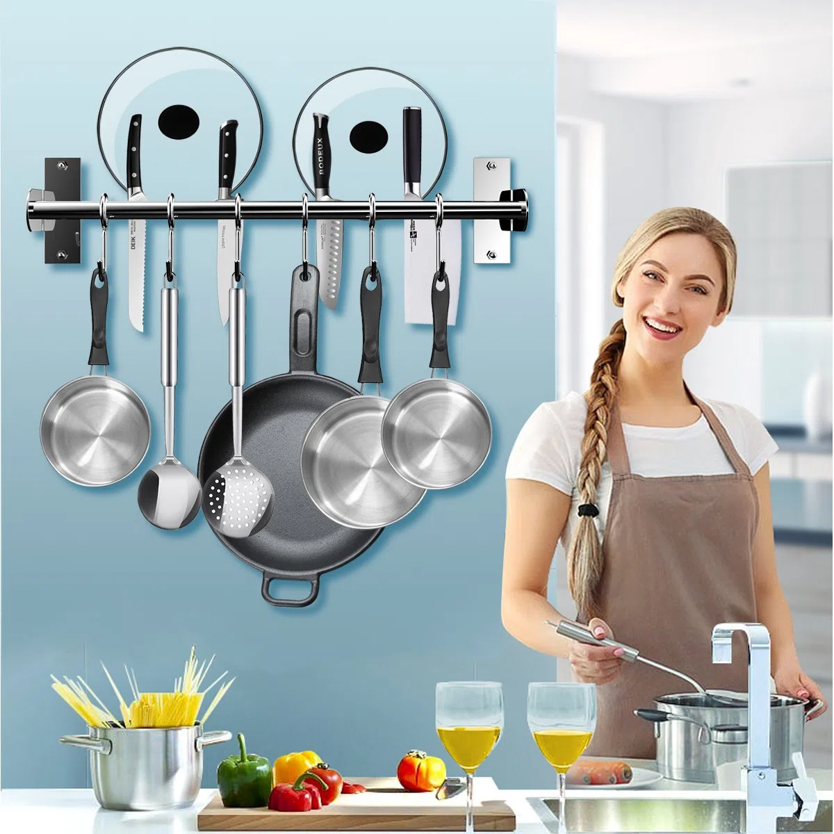 El Soporte de Cuchillos, Gancho de Cocina 6 Ganchos con portacuchillas, Doble Tubo de Acero Inoxidable, 40 cm de Largo (Pulido Brillante)