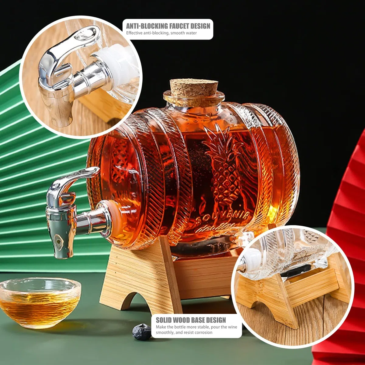 Jarra de whisky, dispensador de bebidas en forma de barril de 3 litros, decantador de barril con grifo, dispensador de bebidas con grifo y soporte de madera, dispensador de alcohol, ideal para vino