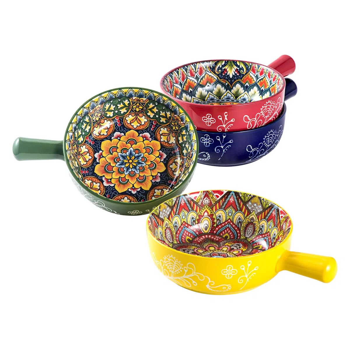 Henten Home Cuenco de Sopa con Mango, Cuencos de Cereales, Olla de Cerámica para Cereales/Sope - 750 ml, Cuencos para Sopa con Cebolla Francesa, Cuenco Microondas y Horno - Estilo Bohemio