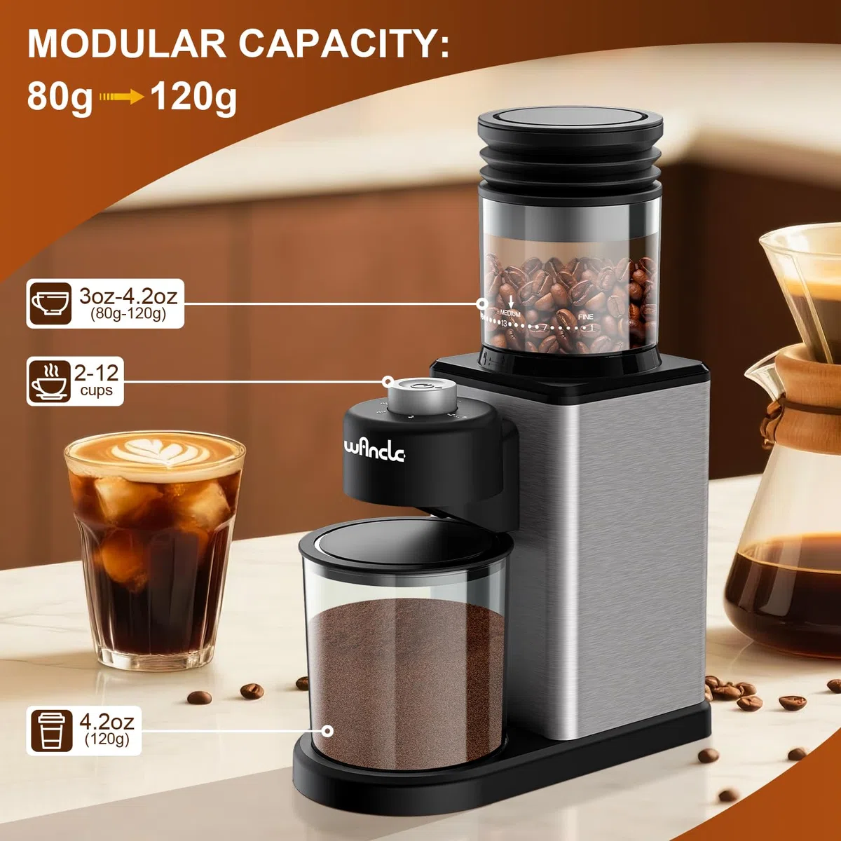 Wancle Molinillo de Café Eléctrico con conos - 25 Niveles de Molienda Ajustables para Espresso/French Press/Filtro, Capacidad 2-12 Tazas, Silencioso & Antiadherente con Soplador, Acero Inoxidable