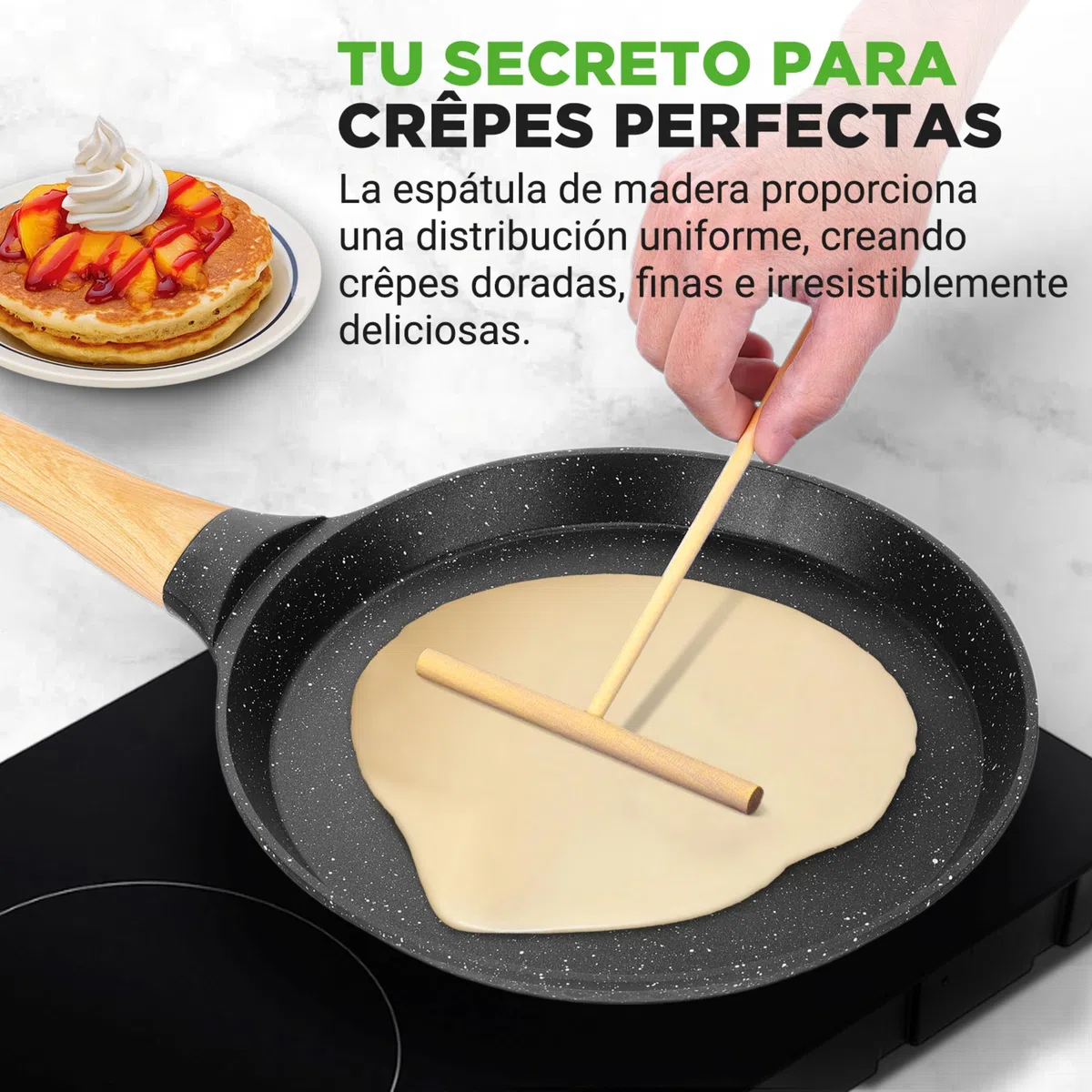 NutriChef sarten para crepes con esparcidor de madera, Tortitas, Panquecas, 11”, Facil de limpiar, Antiadherente, Con recubrimiento de marmol