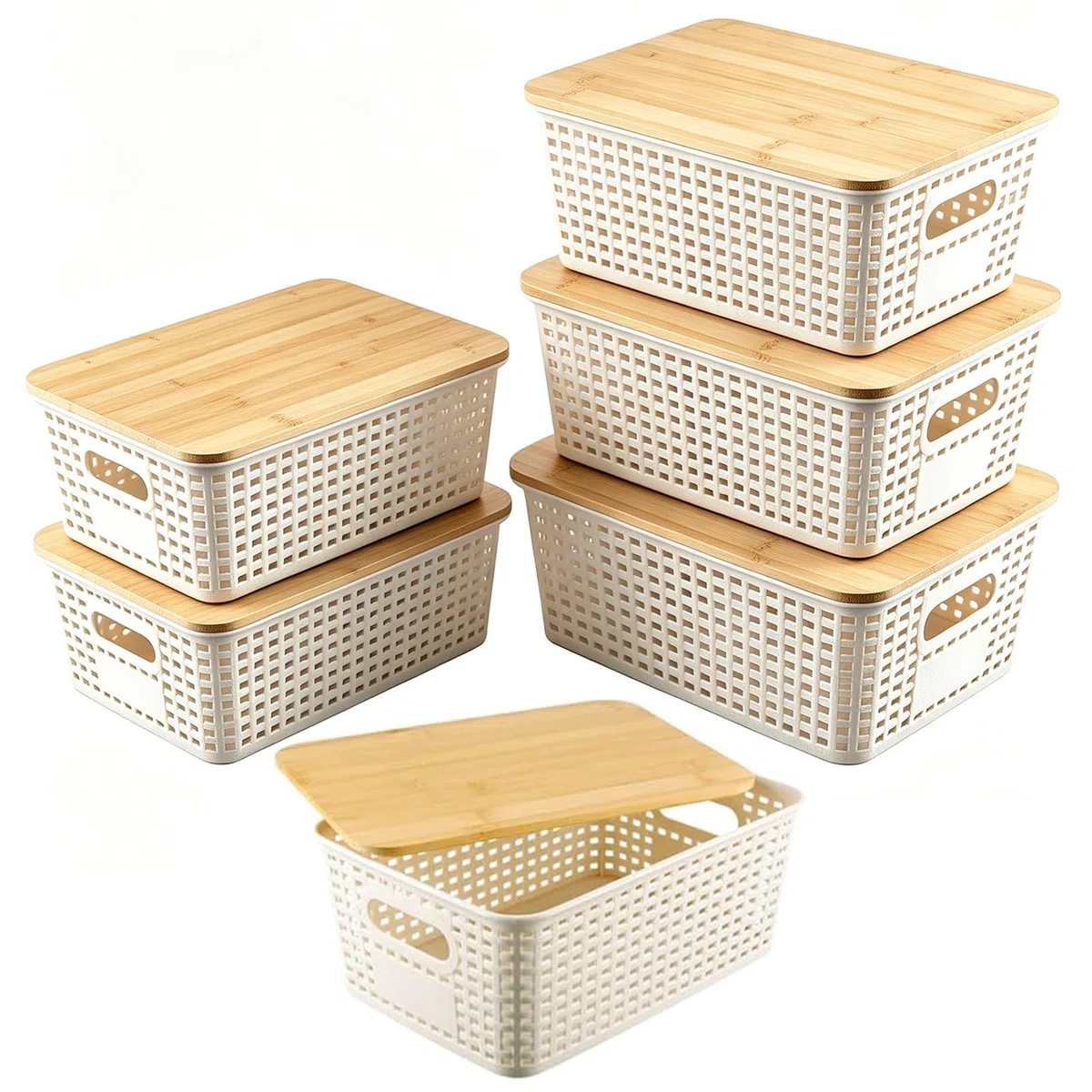 6 cajas de almacenamiento con tapa de bambú, 25 x 18 x 10 cm, caja de plástico blanca, cesta de ratán, apilable, con asa, para cocina y baño