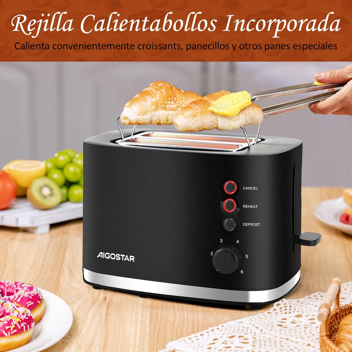 Aigostar Energy - Tostadora de 2 Ranuras con Rejilla Calientabollos Incorporada, Ranuras Extra Anchas, 6 Niveles de Tostado, 3 Funciones, Descongelación, Bandeja Recogemigas, Libre de BPA, Negro