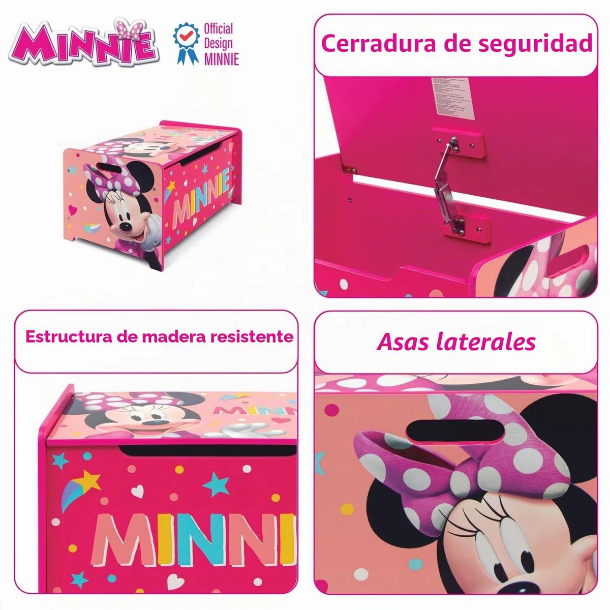 ARDITEX - Banco juguetero de madera de Minnie Mouse Licencia Oficial Disney - 62.5x40x37cm - Color rosa y blanco - Ideal para almacenar juguetes, ropa o cosas en un dormitorio infantil