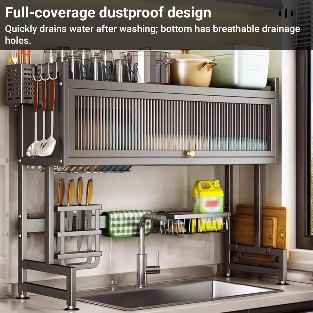 Escurridor de platos para colocar sobre el fregadero, organizador de almacenamiento grande para fregadero, escurridor de platos para encimera de cocina, para platos, vasos, cuencos y cubiertos, ahorra