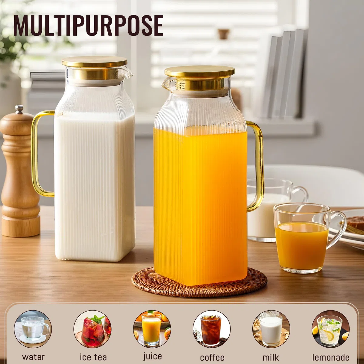 Paquete de 2 jarras cuadradas de vidrio de 2 litros con tapa, jarras de agua clásicas a rayas con asa para refrigerador, jarra grande para té helado, café, jarra de vidrio de borosilicato para bebidas