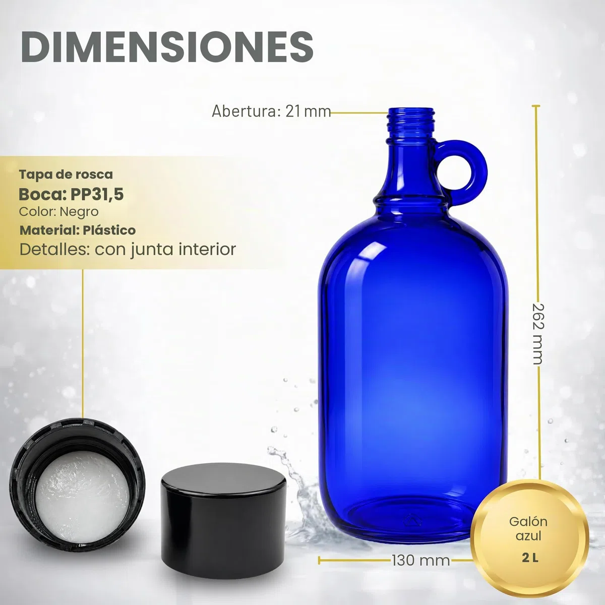 Mikken Blaue XL - Botella de cristal (2 L, para rellenar, con tapón de rosca negro)
