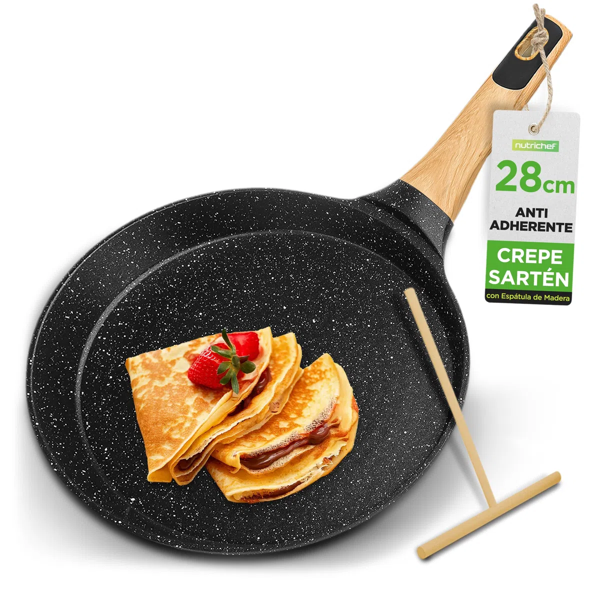 NutriChef sarten para crepes con esparcidor de madera, Tortitas, Panquecas, 11”, Facil de limpiar, Antiadherente, Con recubrimiento de marmol