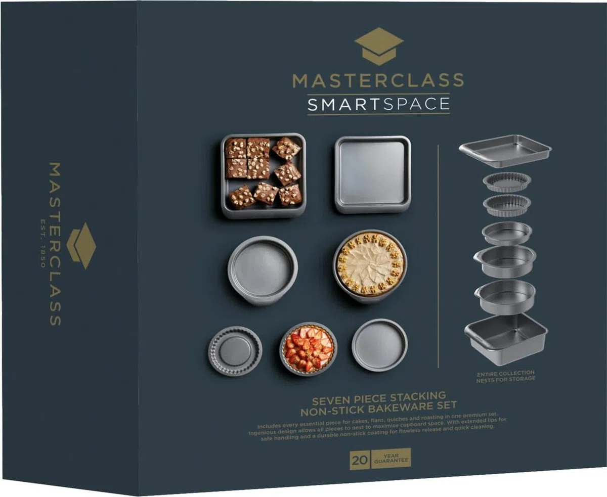 MasterClass Smart Space Bakeware Set 7 Piezas PTFE, PFOA y BPA Free Antiadherente y Apilable con Sartén para Asar, Bandeja para Brownie, 2 Sartenes Redondos, Sartén para Sándwich, 2 Platos para Quiche