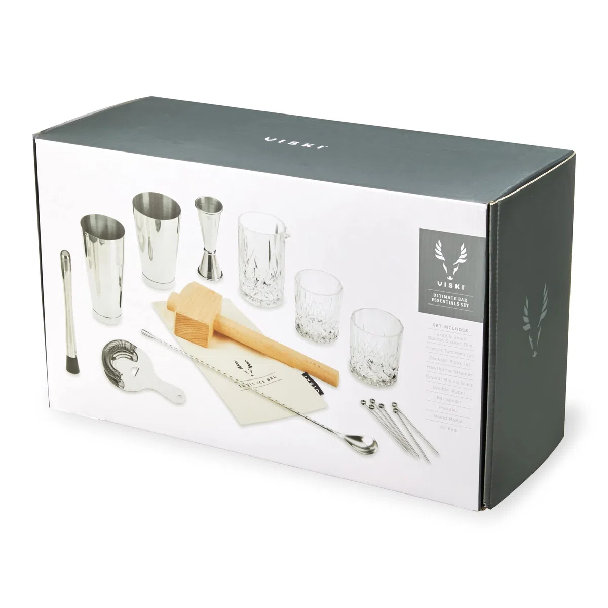 Viski El kit de camarero y el juego de utensilios de bar incluye coctelera Boston, vaso mezclador, medidor, mortero, colador, cuchara de bar, vasos de whisky, bolsa de hielo, mazo y palillos de cóctel