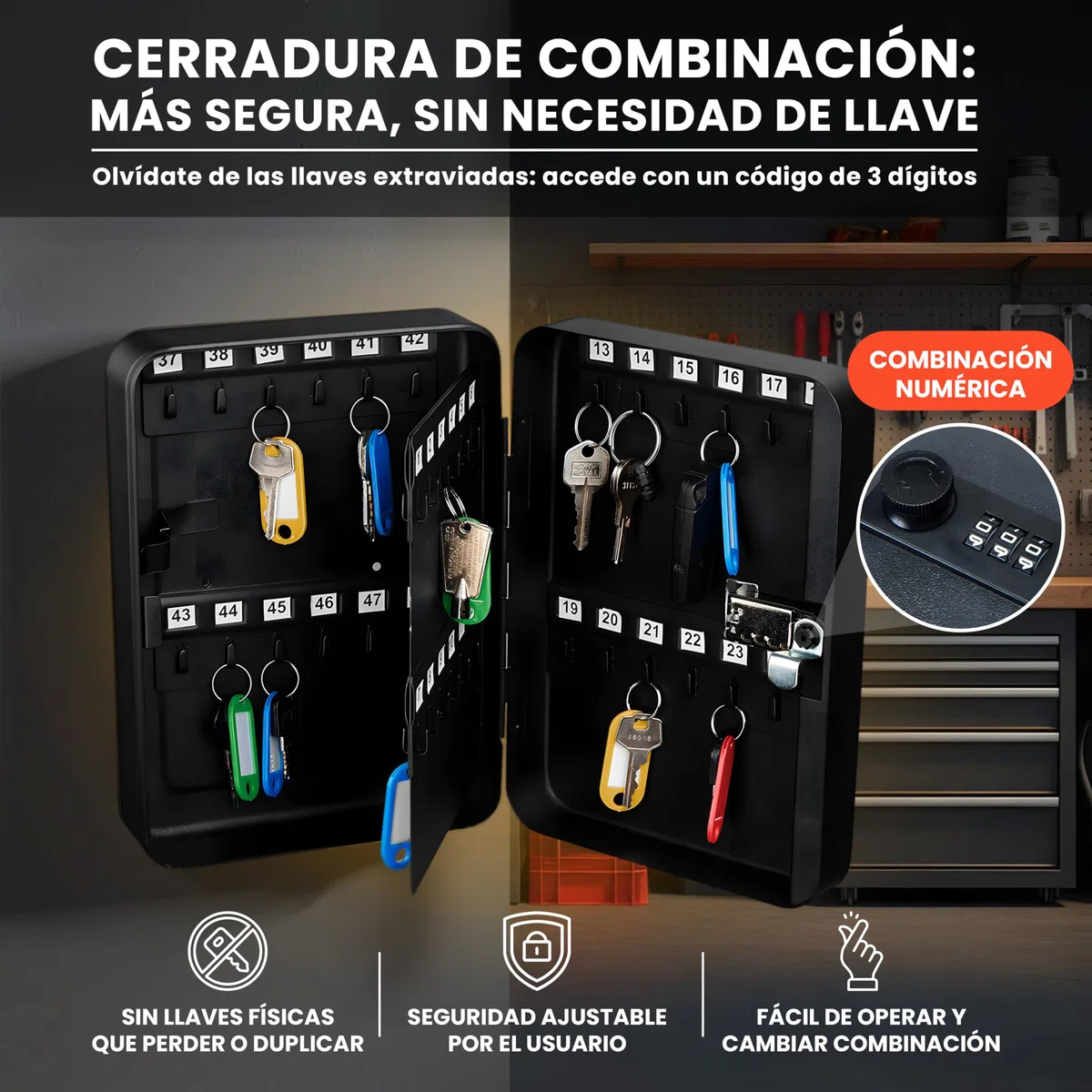 Caja Llaves, Armario para 48 Llaves con Cerradura de Combinación, Armario Llaves en Pared, Caja de Acero Laminado Negro, 48 Llaveros Incluidos, Key Box