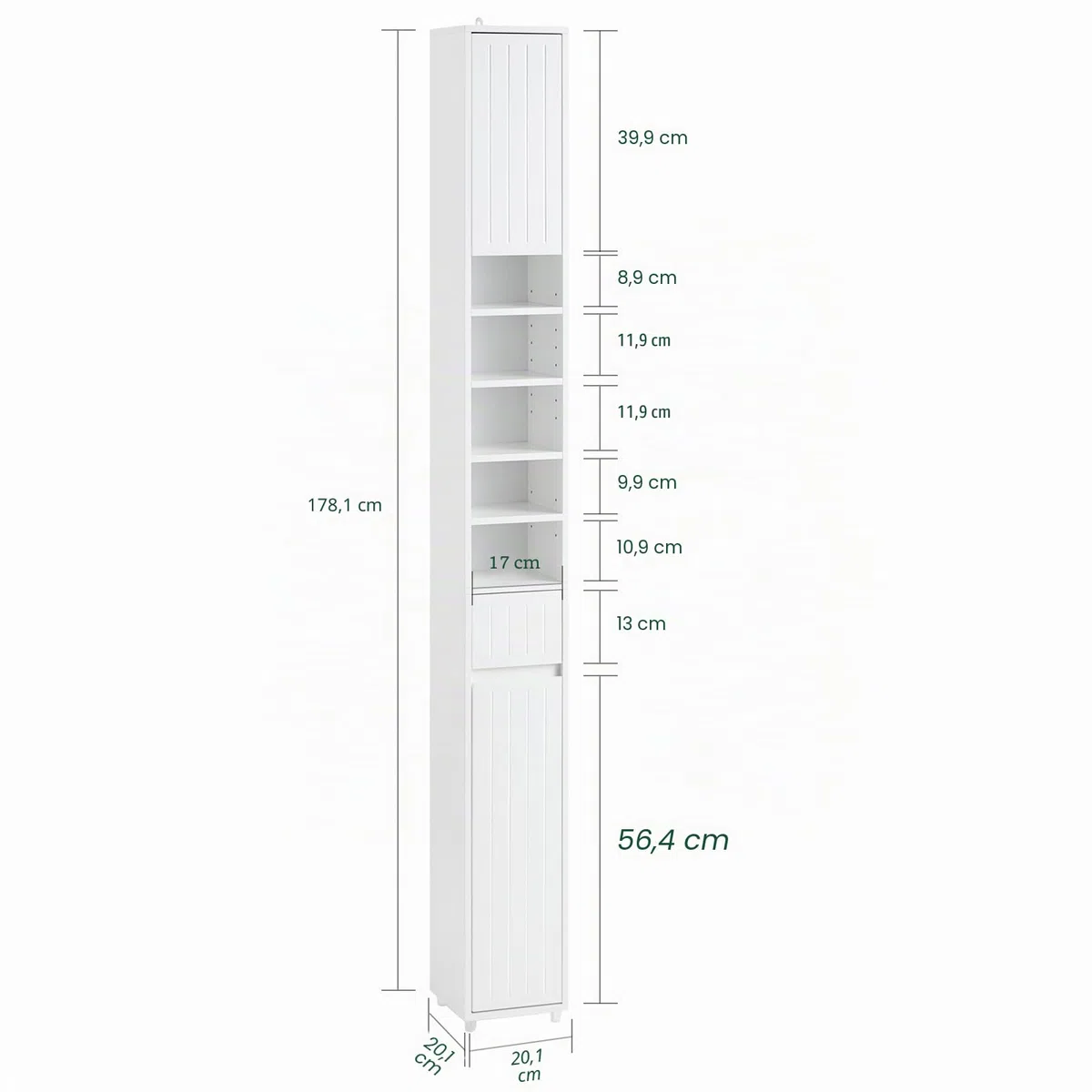 SoBuy Mueble Baño Alto Armario Baño Estrecho 20x180x20 cm Blanco | Mueble Baño Auxiliar, Armario Columna Baño con Puertas, Cajón y Estantes, Mueble Almacenaje Estrecho, BZR160-W