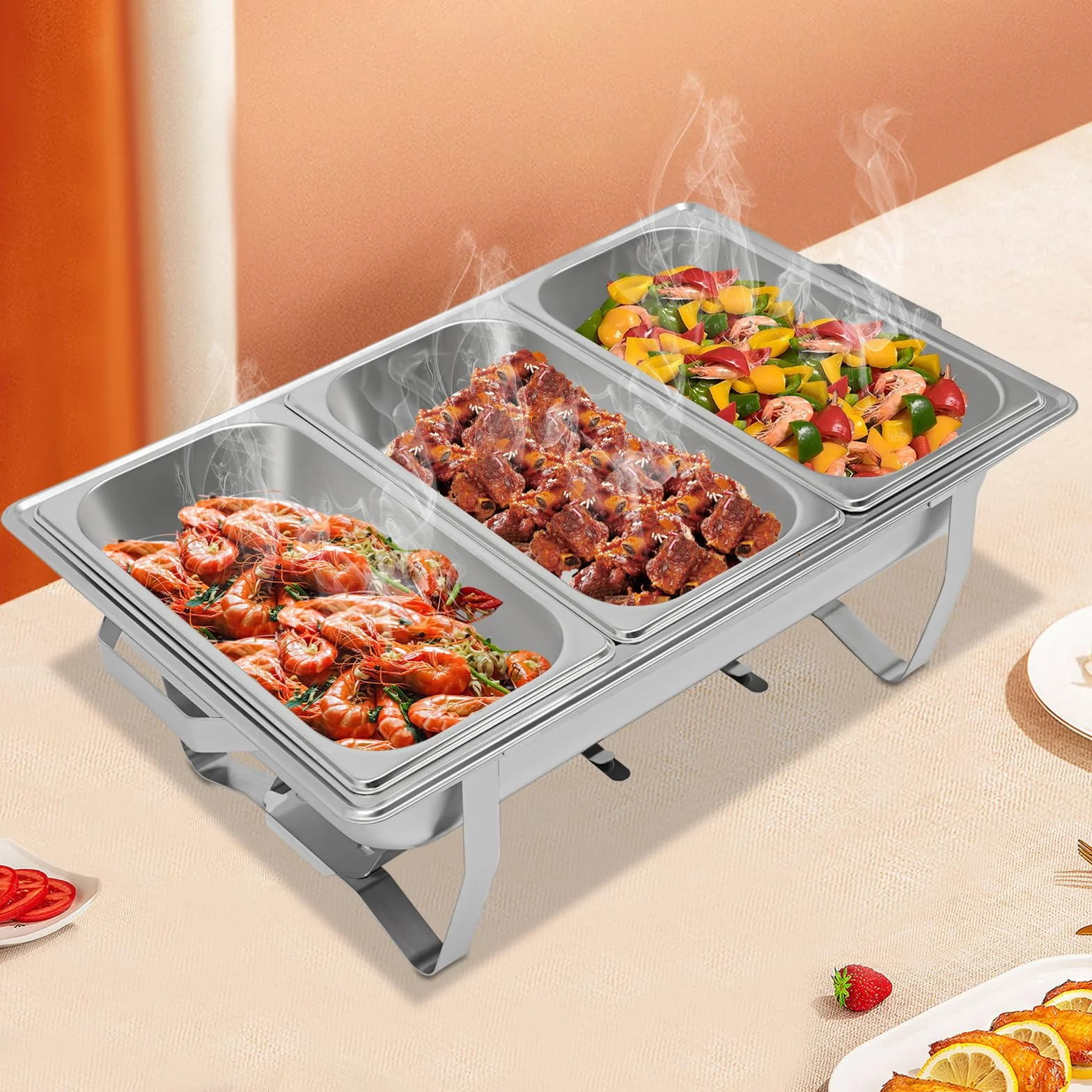 Chafing Dish - Calentador de alimentos de acero inoxidable de 5 litros con tapa, calentador de buffet, accesorio para catering, buffet y fiestas (3 recipientes de 1/3 GN)