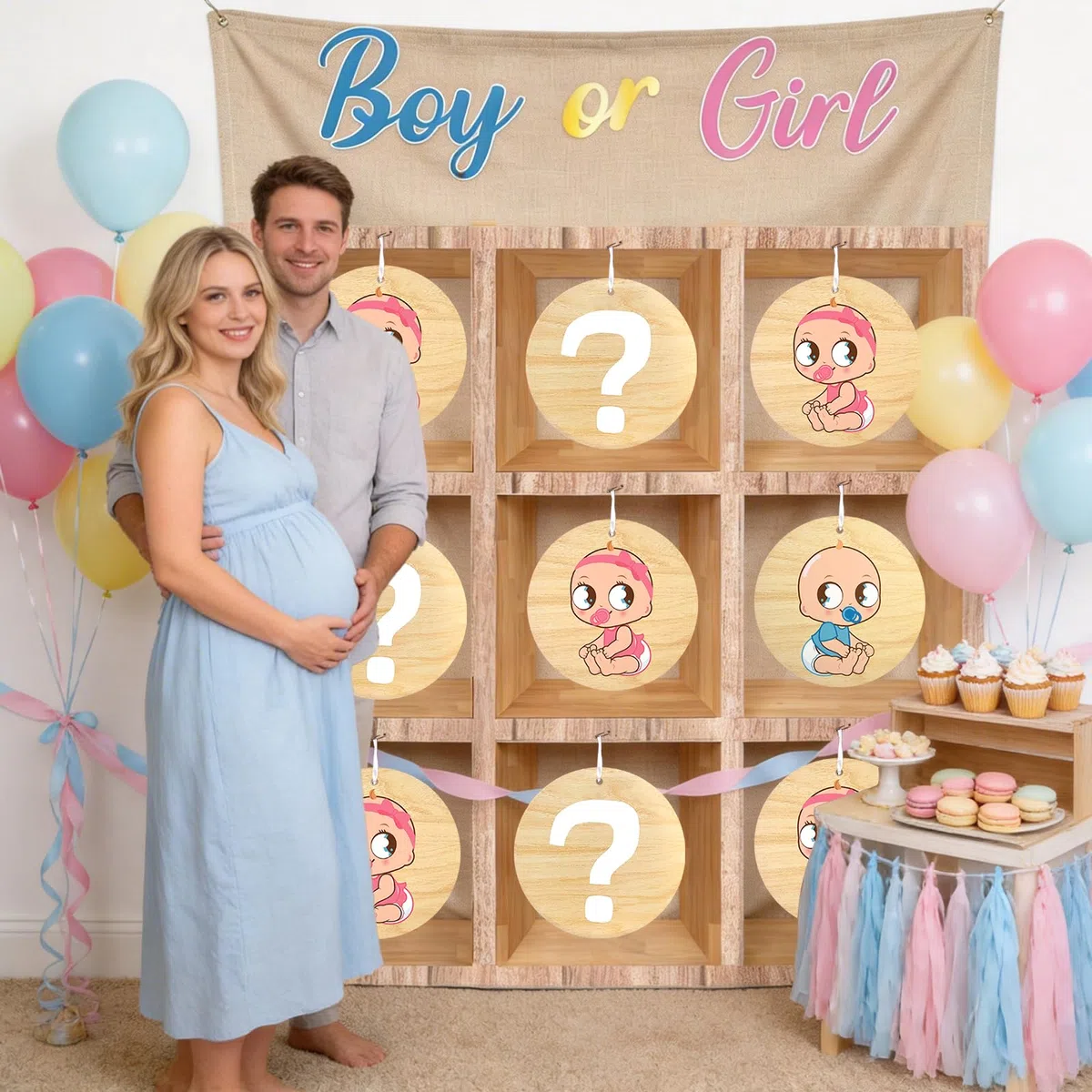 ANPUNAT Juego para Bebés, Juego de Tres en Raya para Revelar el Género del Bebé (Niño o Niña), Kits de Decoración para Baby Shower y Anuncios de Embarazo