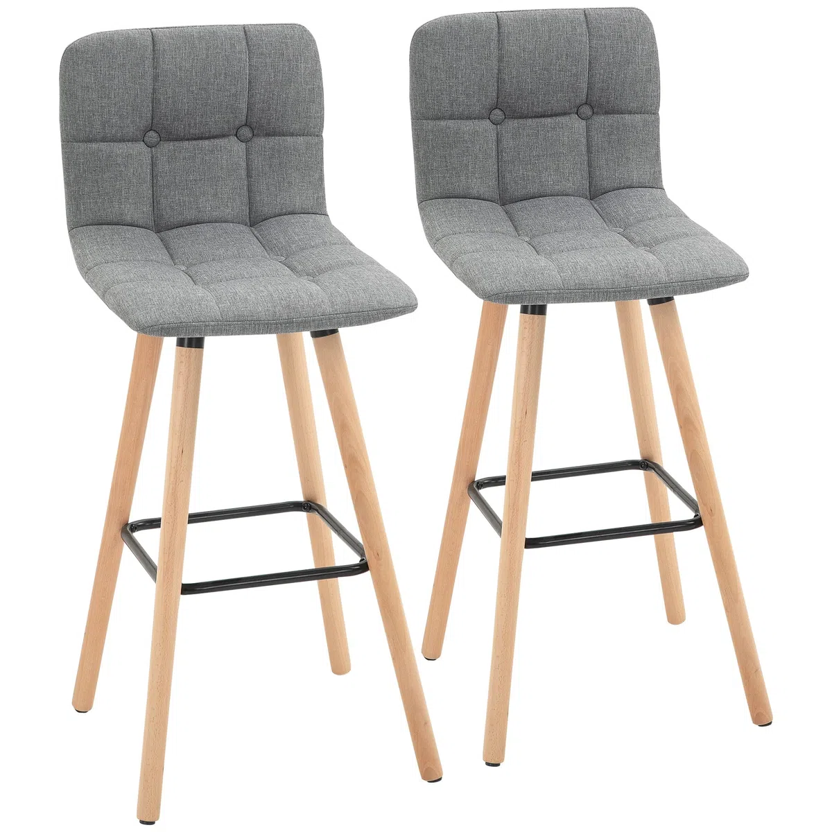 HOMCOM Juego de 2 Taburetes de Bar Taburetes Altos de Cocina Gris | Respaldo, Reposapiés, Patas de Madera, Estilo Moderno, Sillas Altas para Comedor, Salón, Bistró