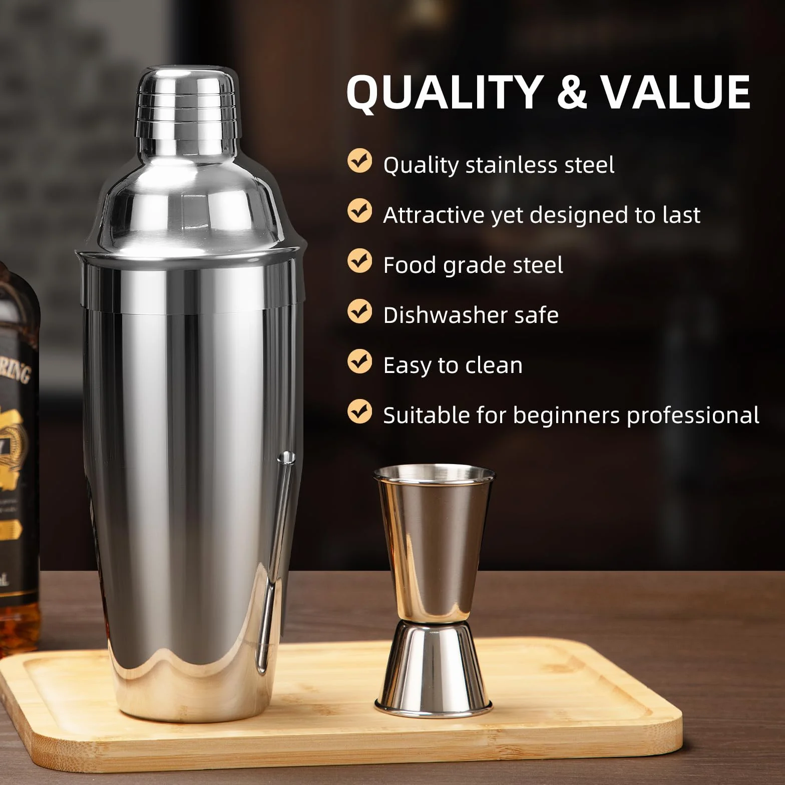 Cinnani 750ML Juego de Coctelera con Soporte,15 Piezas Juego de Coctéles de Acero Inoxidable,Set Cocteleria Profesional,Cocktail Kit,Bartender Set de Cóctel de Acero Inoxidable,Kit Cocktail de Barman