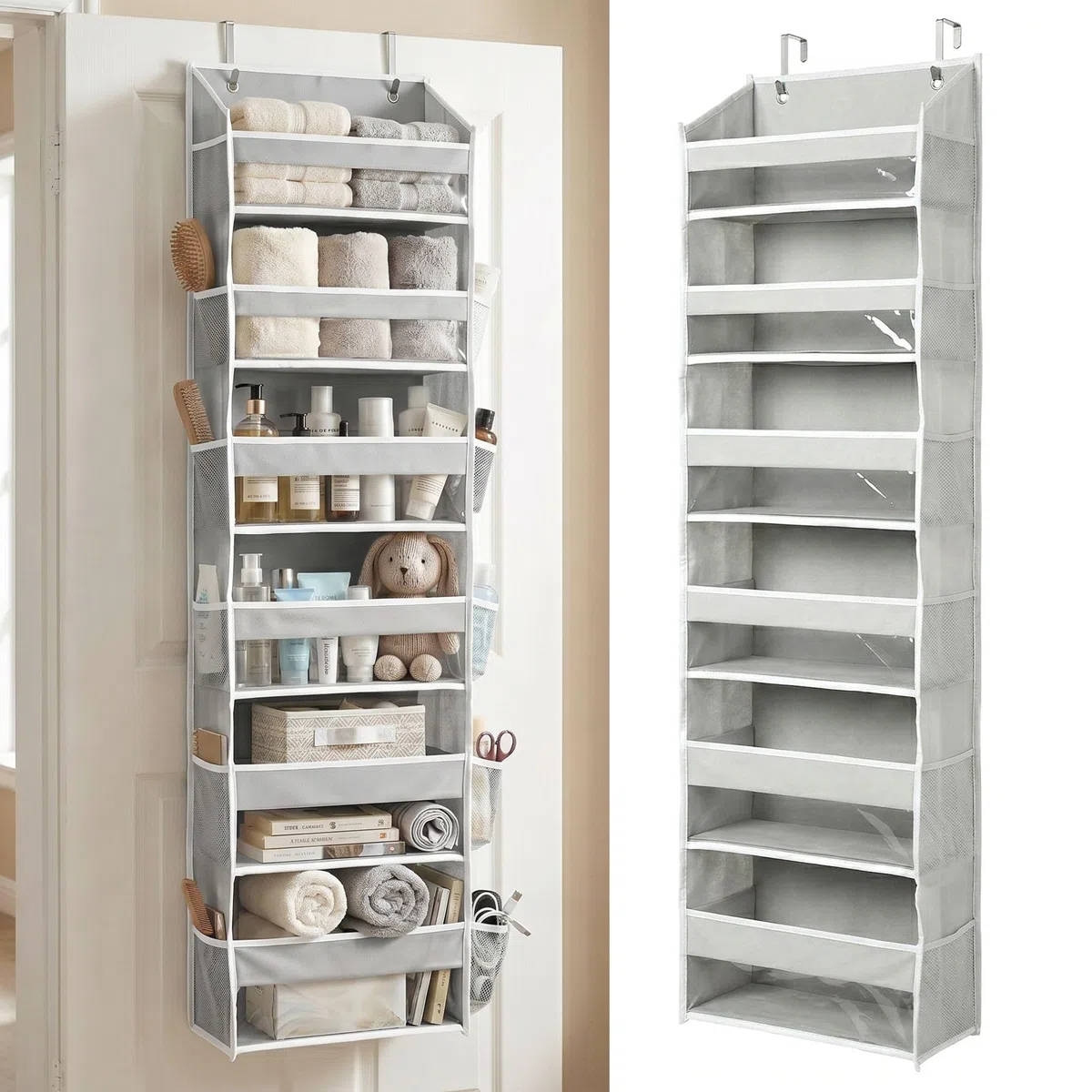 Homelux Theory 1 organizador resistente para puerta de 55 x 14 x 6.7 pulgadas, 6 bolsillos delanteros grandes y 12 laterales, organizador de puerta de armario colgante para dormitorio, baño y
