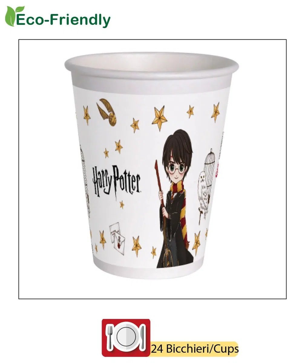 Kit Vajilla de Fiesta Harry Potter para 24 personas (112 pcs: 24 platos Ø23cm, 24 platos Ø18cm, 24 vasos 250ml, 40 servilletas 33x33cm) de papel compostable eco-friendly