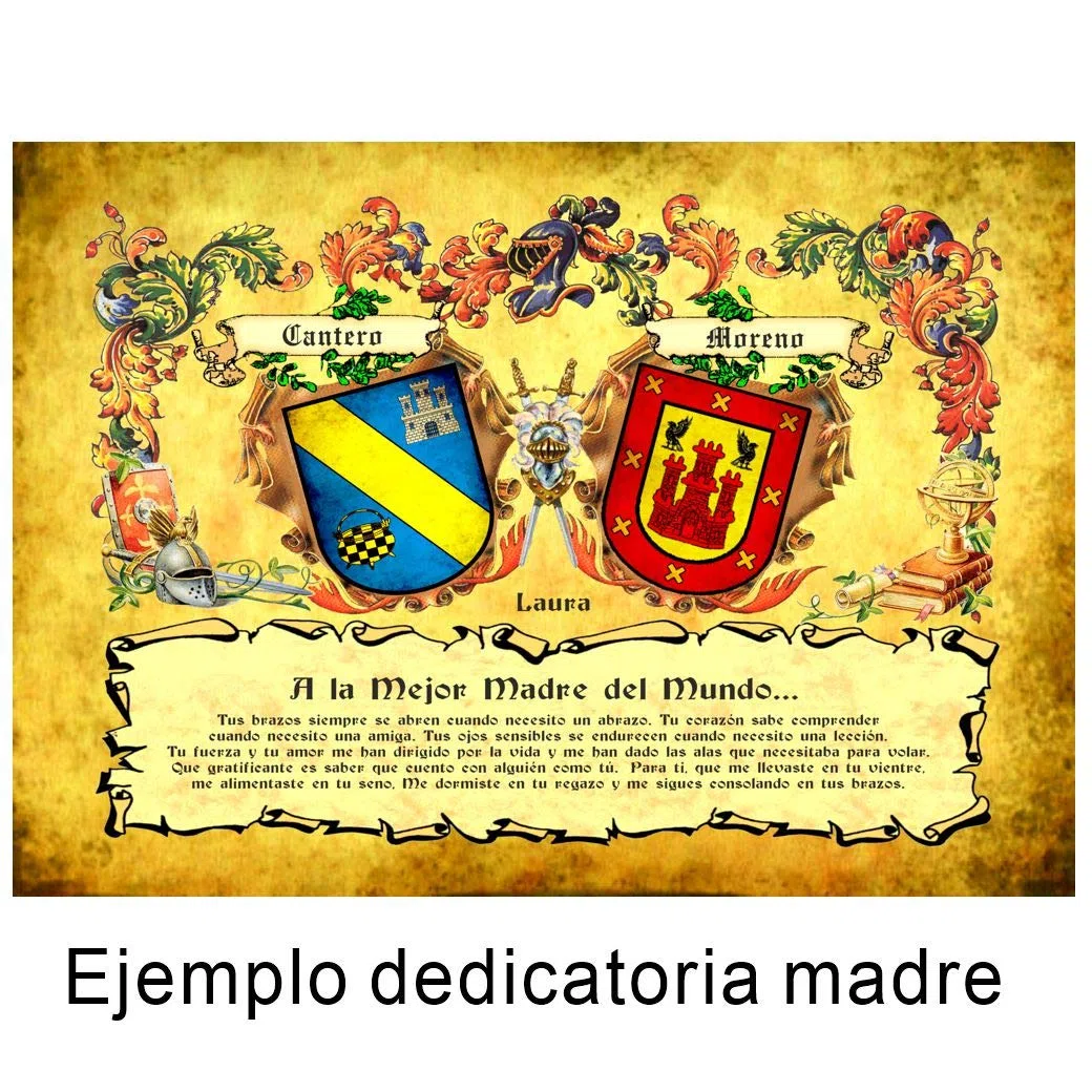 Heráldica de 2 apellidos y dedicatoria con texto personalizado por el cliente, impreso en papel fondo tipo pergamino en tamaño DIN A-3