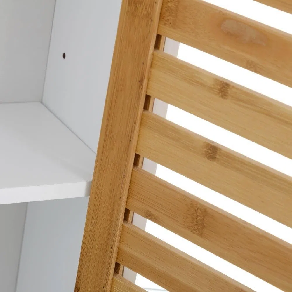 LOLAhome - Armario de baño de Pared Blanco y Madera de bambú de 53x30x18 cm con Puerta de persiana. Solución práctica de almacenaje para Productos de Aseo con Estilo nórdico y ordenado